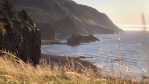 Eine Küstenlandschaft mit felsigen Klippen und einem Gewässer.
