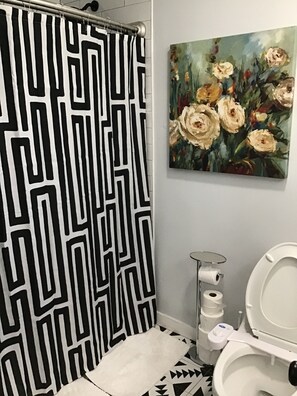 Hair dryer, bidet, towels, soap