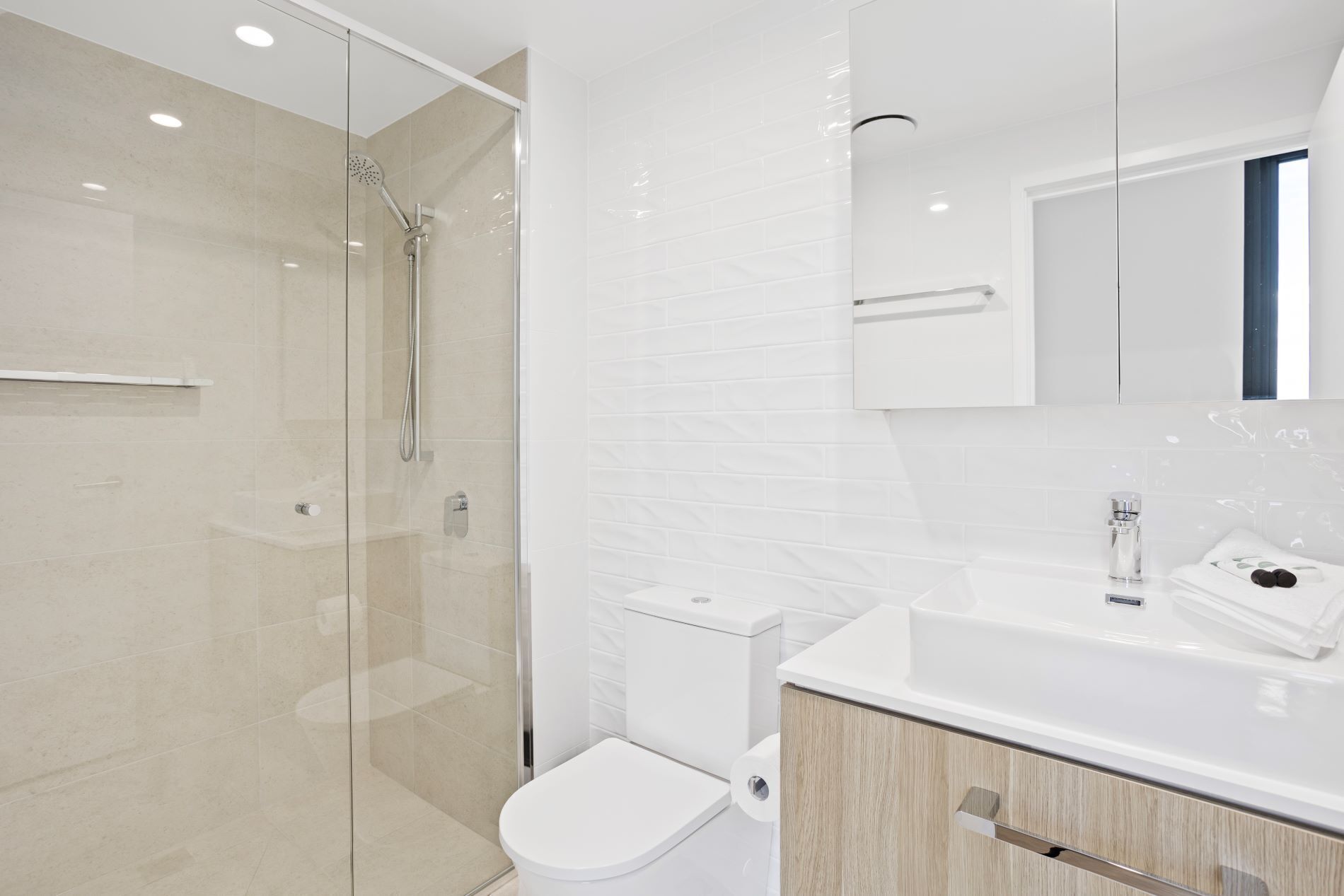 A modern bathroom with a glass shower enclosure, a white toilet, and a vanity with a mirror.
