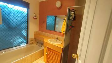 Hair dryer, towels, soap, toilet paper