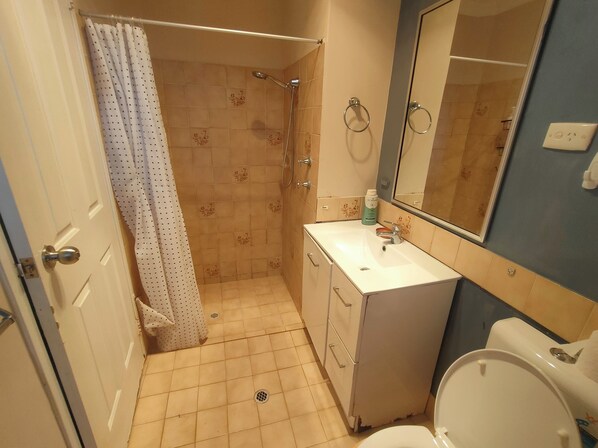 Ein Badezimmer mit Dusche, Waschbecken, Toilette und Spiegel.