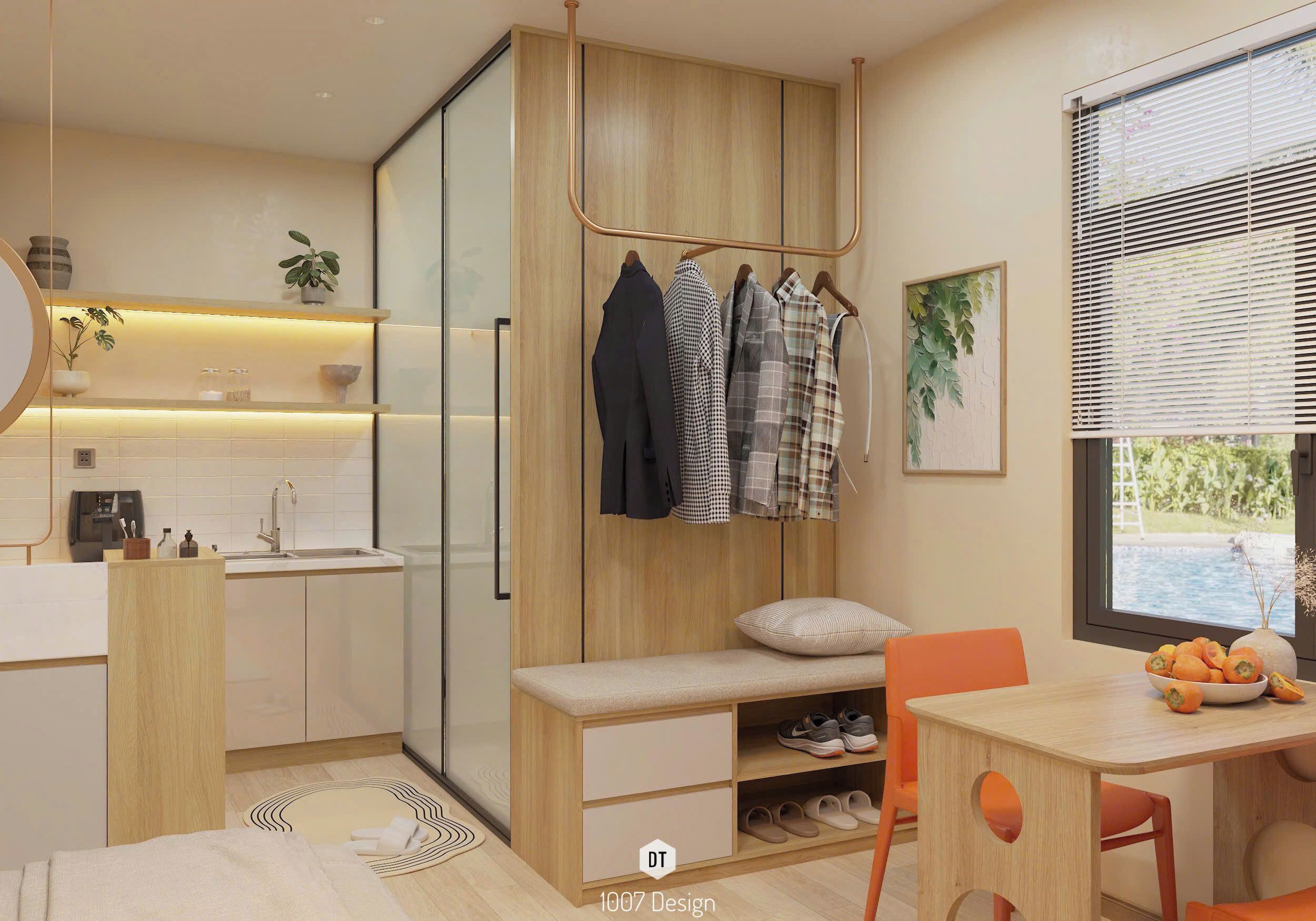 Eine moderne Küche mit integriertem Sitzplatz, einem Esstisch mit orangefarbenen Stühlen und einem Fenster mit Jalousien.