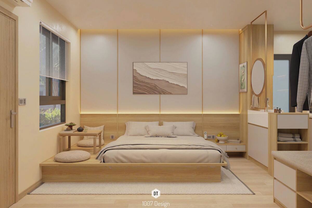 Un dormitorio moderno con cama, mesita de noche y una obra de arte colgada en la pared.
