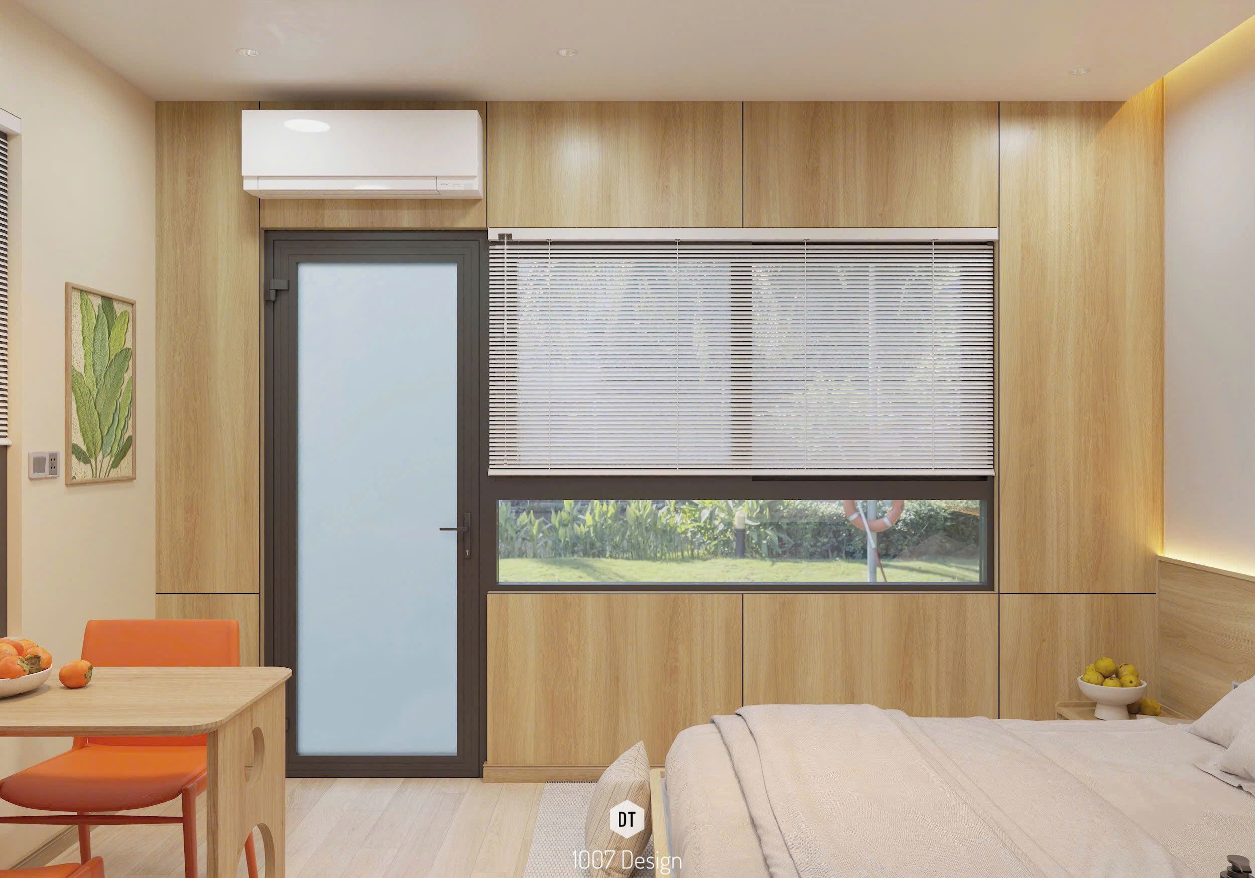 Un dormitorio moderno con una cama, un escritorio con silla y una ventana con persianas.