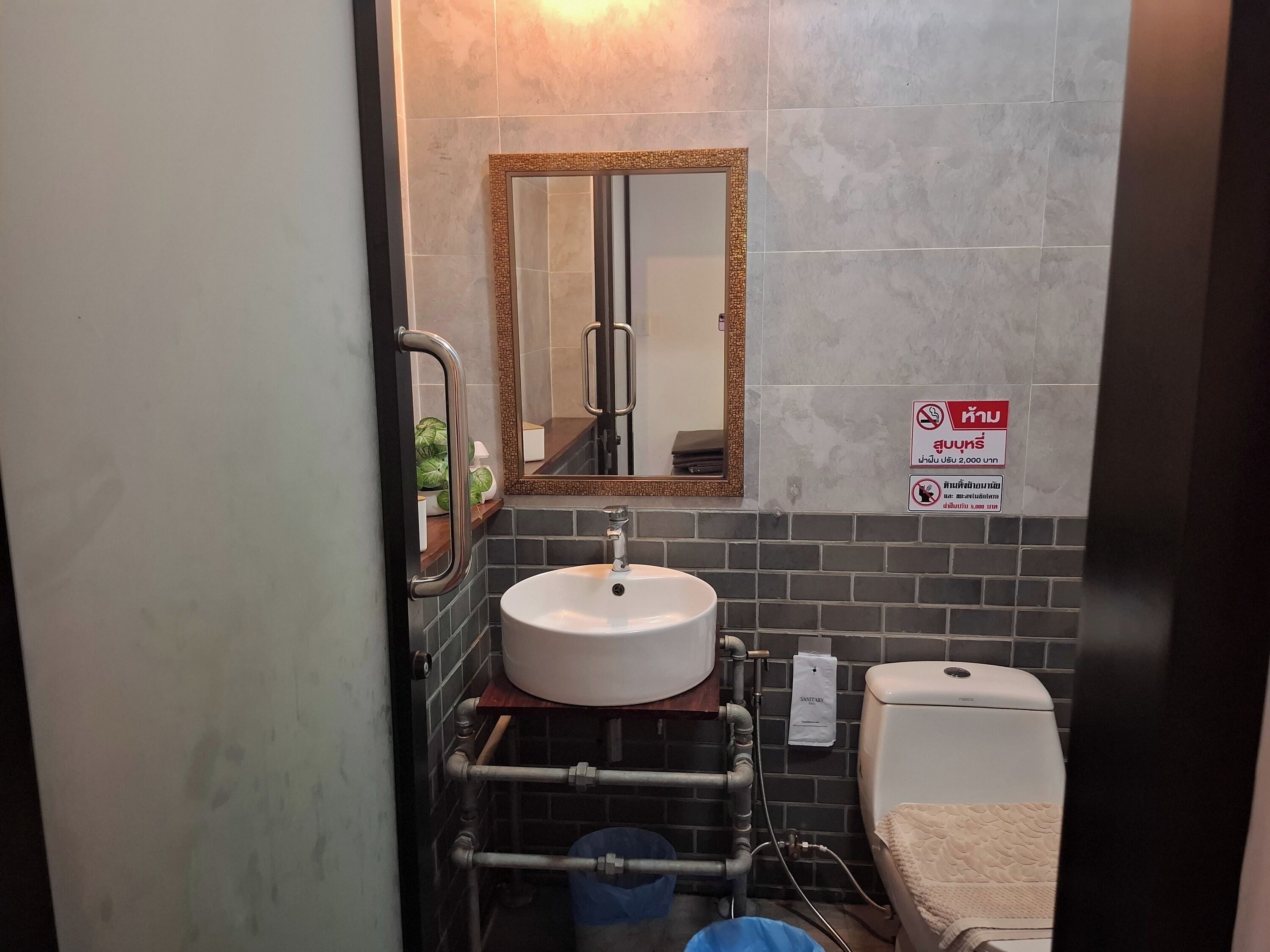 Een kleine badkamer met een wastafel, spiegel, toilet en een handgreep.