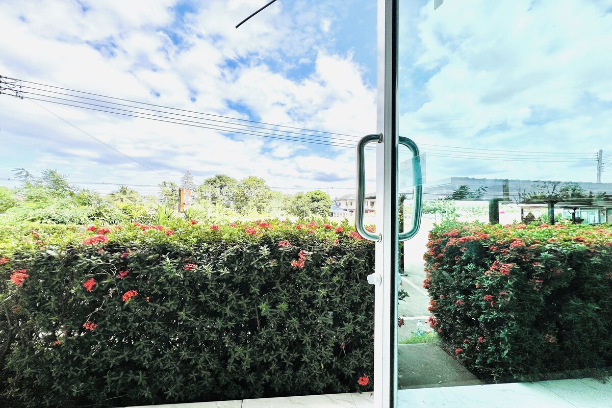 A view through a glass door of a well-maintained hedge with red flowers, a clear sky, and power lines in the background.