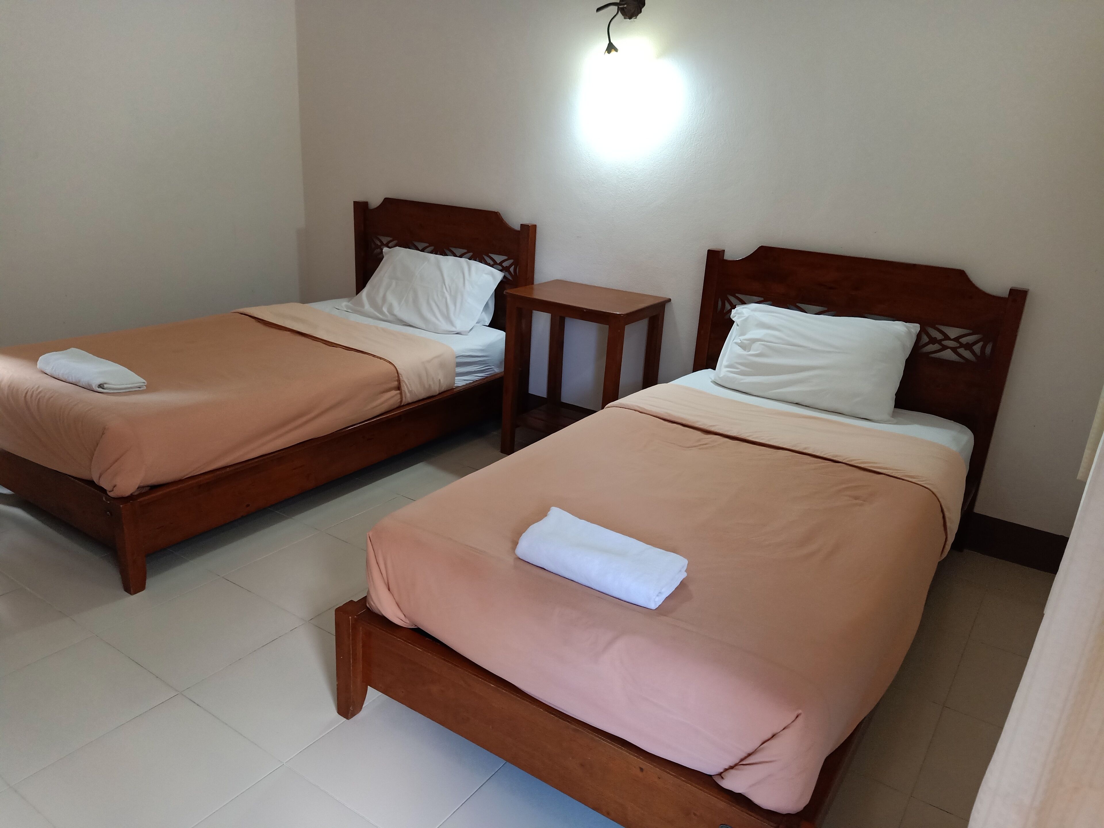 Two wooden beds with beige bedding and white pillows, a small wooden nightstand, and a wall-mounted light fixture.