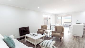 Smart TV, fireplace, books