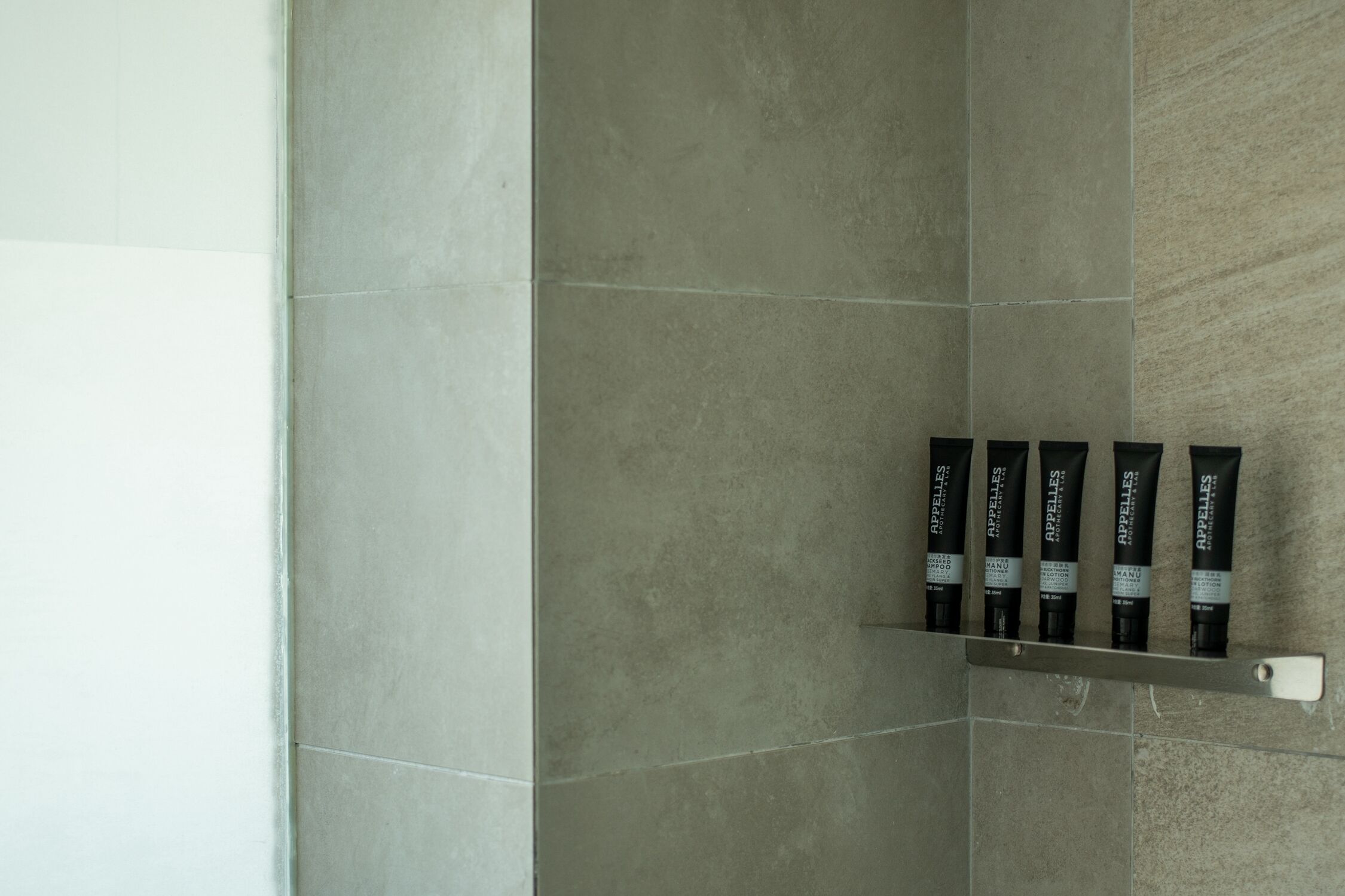 Un baño con azulejos grises y un estante con varios tubos negros etiquetados como "Appelles".
