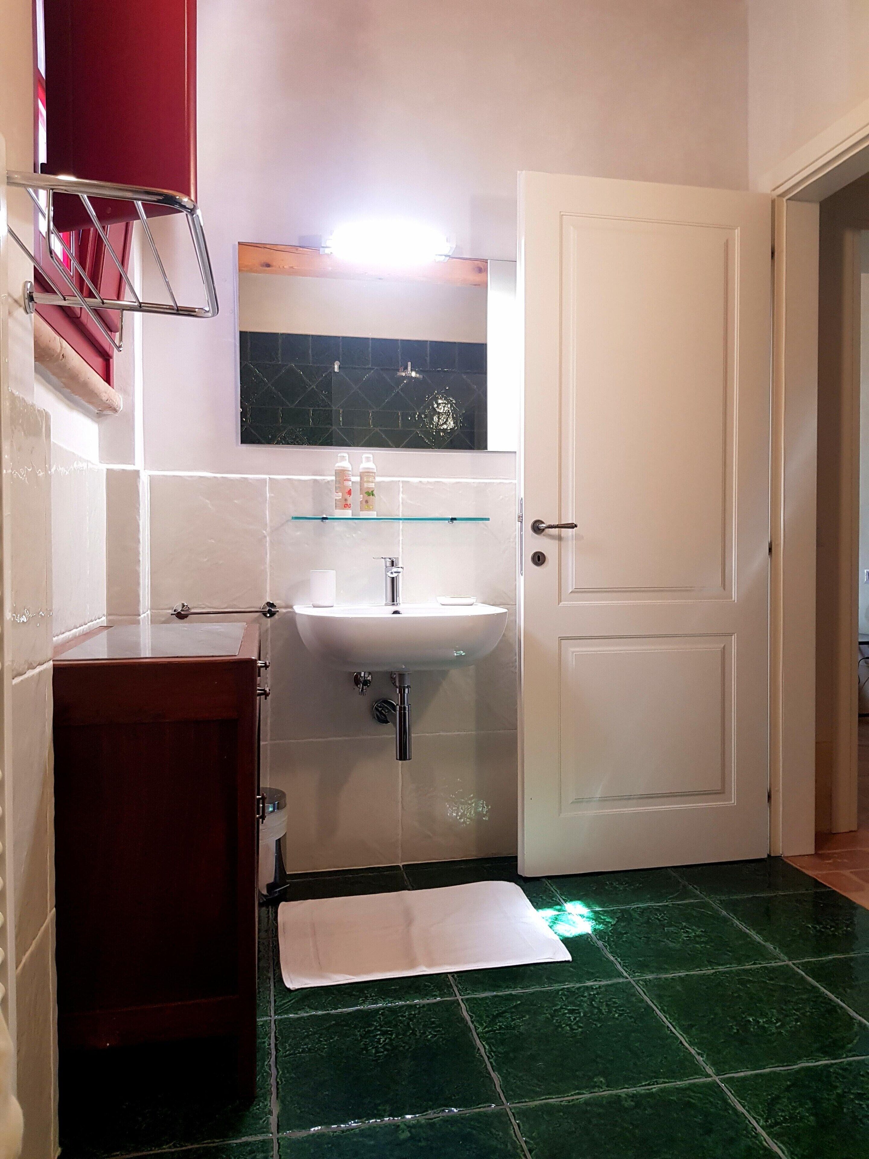 A bathroom with a white sink, a mirror, and a green-tiled floor.
