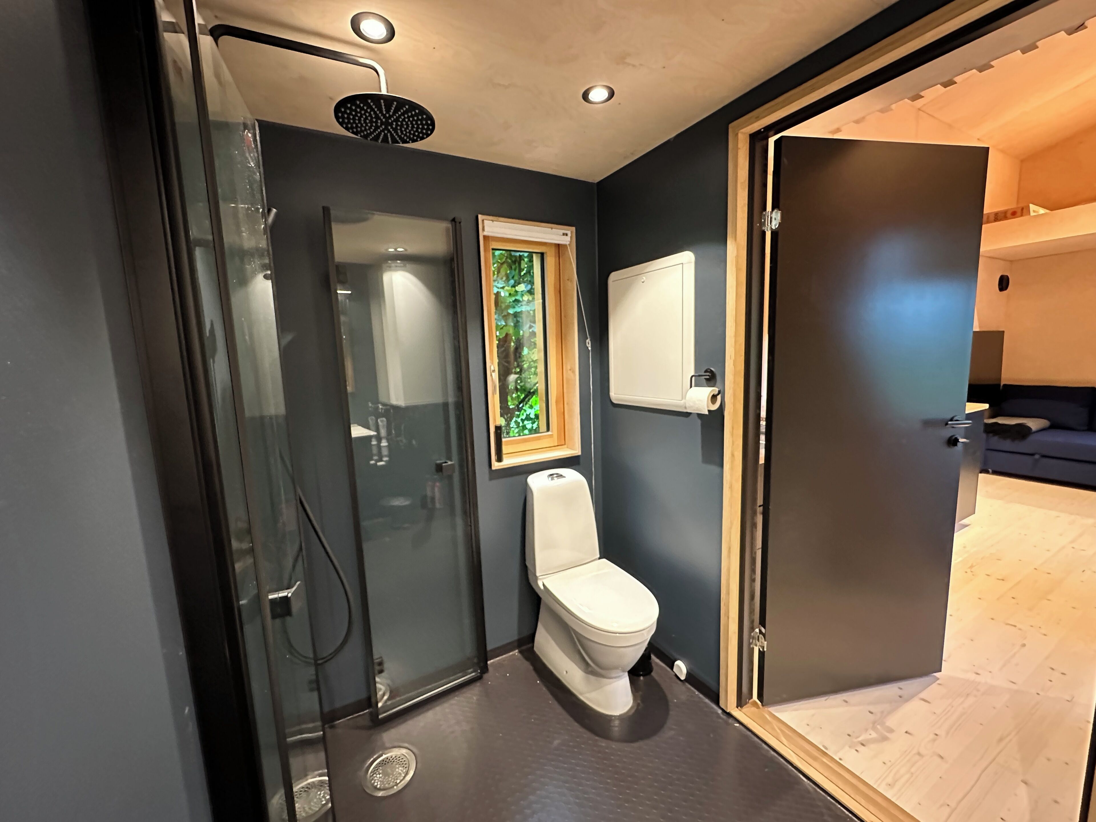 Shower, towels, soap, toilet paper