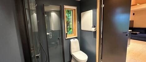 Shower, towels, soap, toilet paper