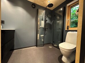 Shower, towels, soap, toilet paper