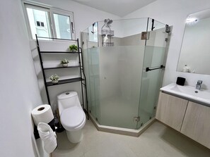 Shower, towels, soap, toilet paper