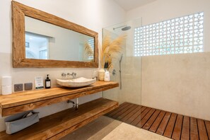 Shower, hair dryer, towels