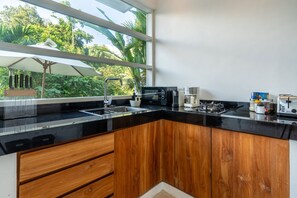 Fridge, microwave, coffee/tea maker, electric kettle