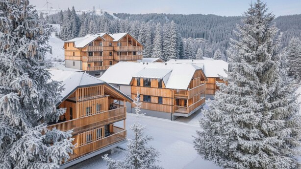 Una cabaña de madera con varias cabañas, rodeada de árboles cubiertos de nieve y un telón de fondo montañoso.