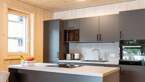 A modern kitchen with a central island, stainless steel appliances, and a window providing natural light. - mit 2 Schlafzimmern & Sauna by Interhome (Niederwölz)