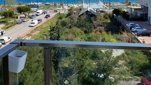 Un balcó amb vista a una carretera costanera, palmeres i un edifici amb façana blanca.