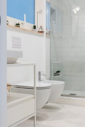 Shower, hair dryer, bidet, towels