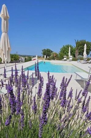 A pool area with white lounge chairs and umbrellas, surrounded by lavender plants. - Manor in Marche With Pool Near Adriatic (Monsano)