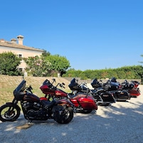 Una fila de motocicletas estacionadas sobre un terreno de grava, con un edificio y vegetación al fondo.