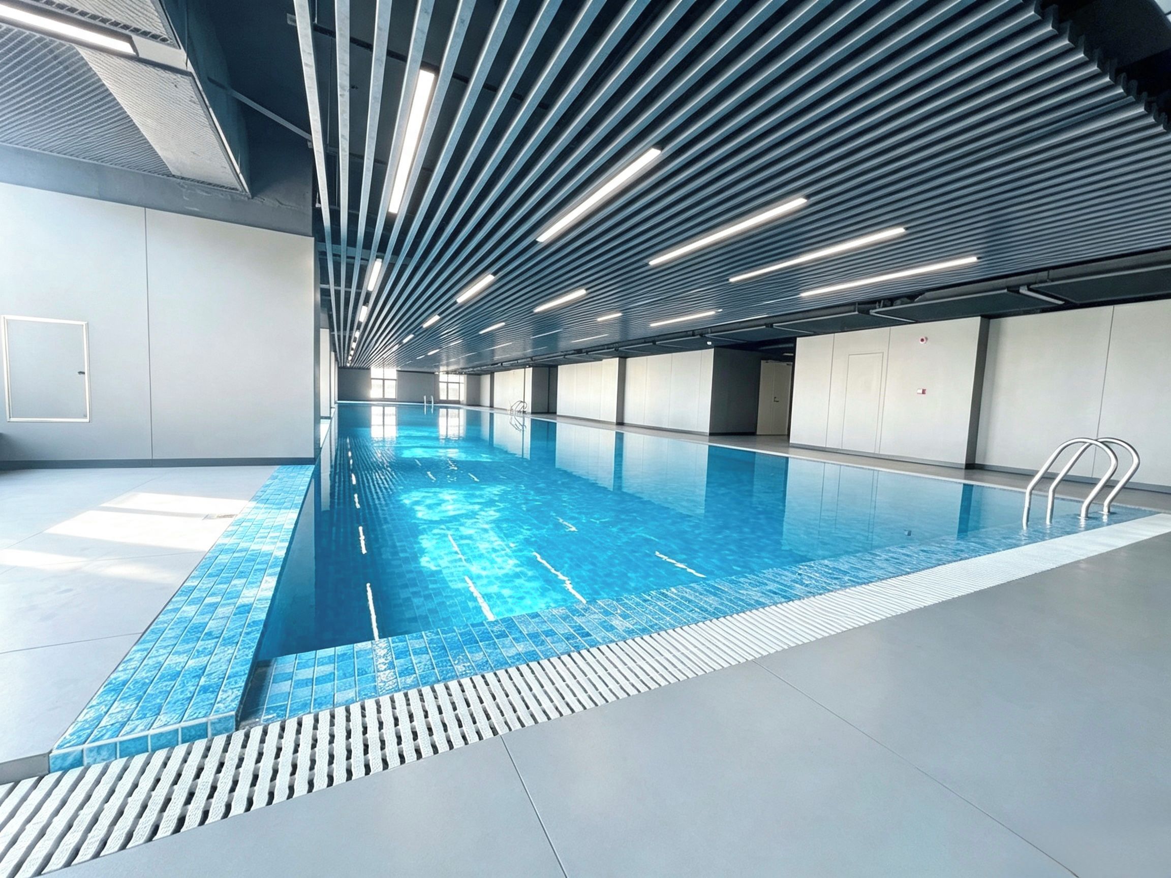 An indoor swimming pool with a modern design, featuring a long, narrow pool with clear blue water, surrounded by walls and a ceiling with linear light fixtures.