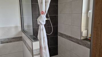 Hair dryer, towels, soap, toilet paper
