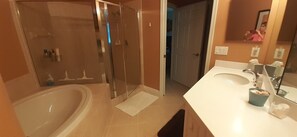 Hair dryer, towels, soap, toilet paper