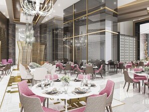 A modern dining area with round tables, pink and grey chairs, and a chandelier. - Sofitel Riyadh Hotel & Convention Centre (Riyadh)