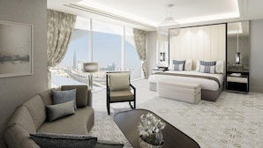 A modern hotel room with a city view, a sofa, a chair, a bed, and a coffee table. - Sofitel Riyadh Hotel & Convention Centre (Riyadh)