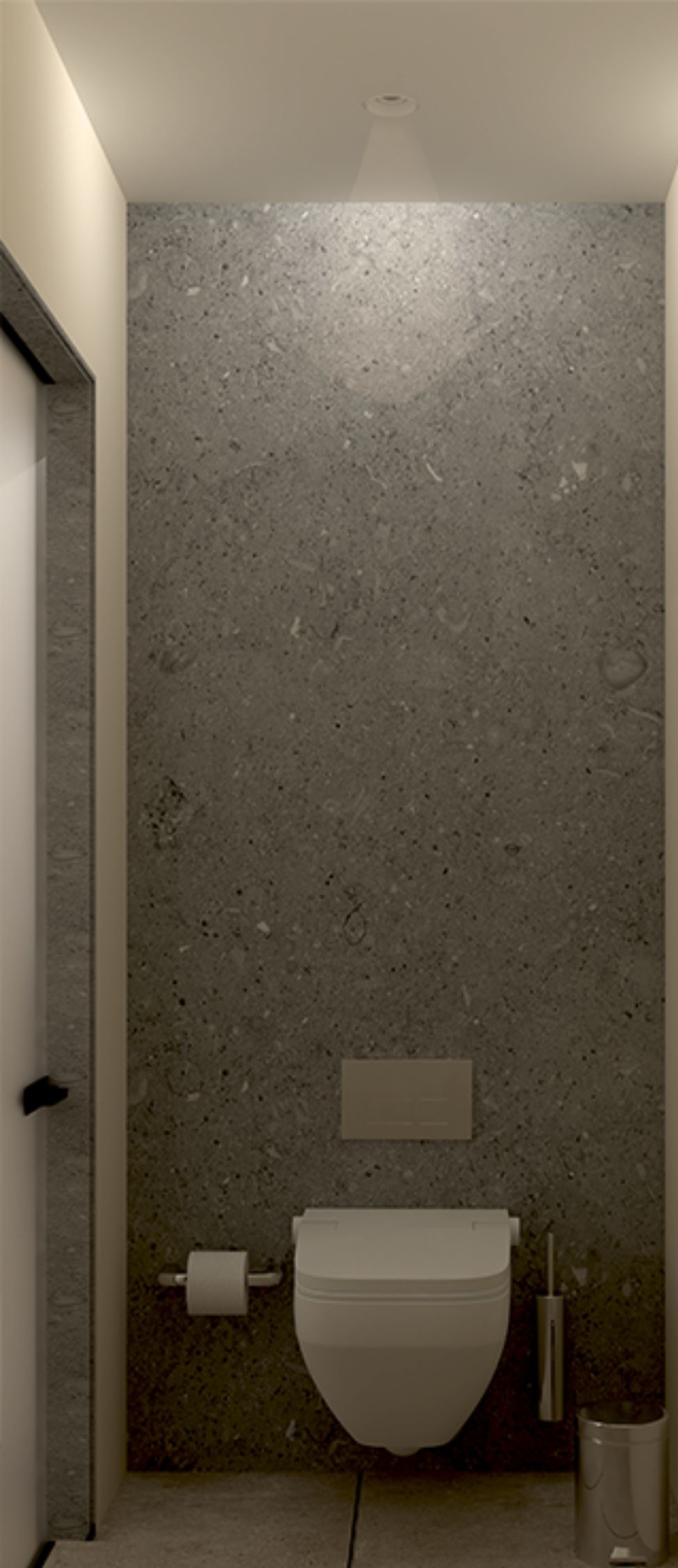 Un baño con pared texturizada, un inodoro, un cubo de basura y un dispensador de toallas.