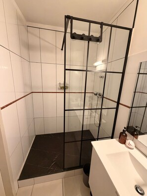 シャワー、ヘアドライヤー、タオル、トイレットペーパー