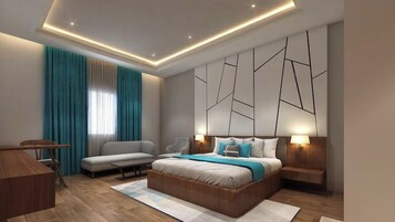 Un dormitorio moderno con una cama grande, un escritorio y una silla.