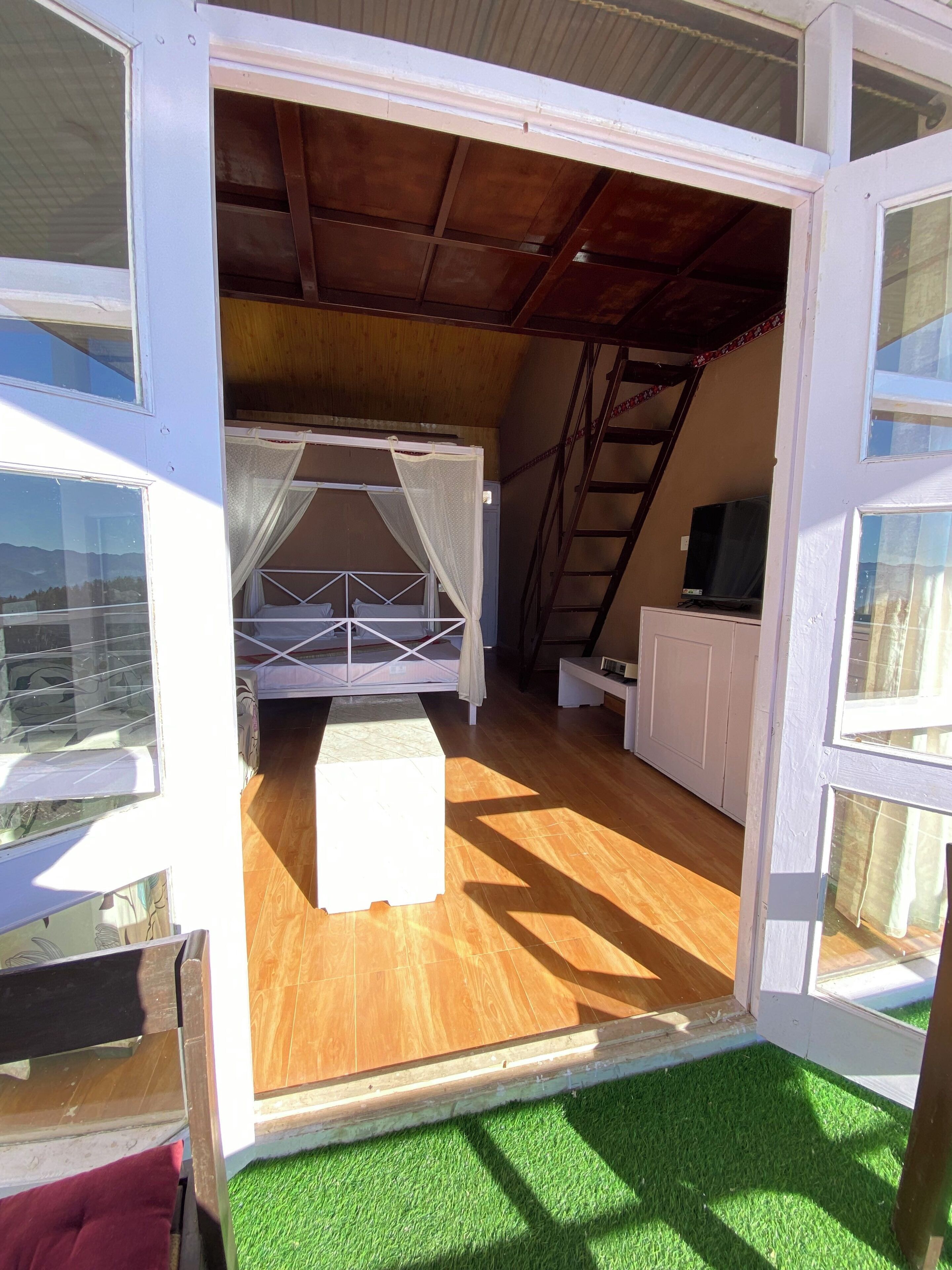 A room with a bed, a TV, and a ladder.