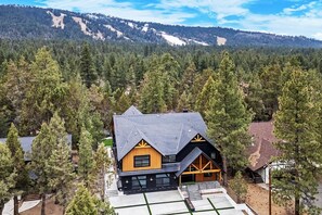 A modern house surrounded by a dense forest with a clear view of the mountains in the background.
