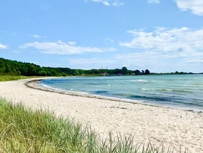 Una playa con agua cristalina, una orilla arenosa y un área boscosa al fondo.