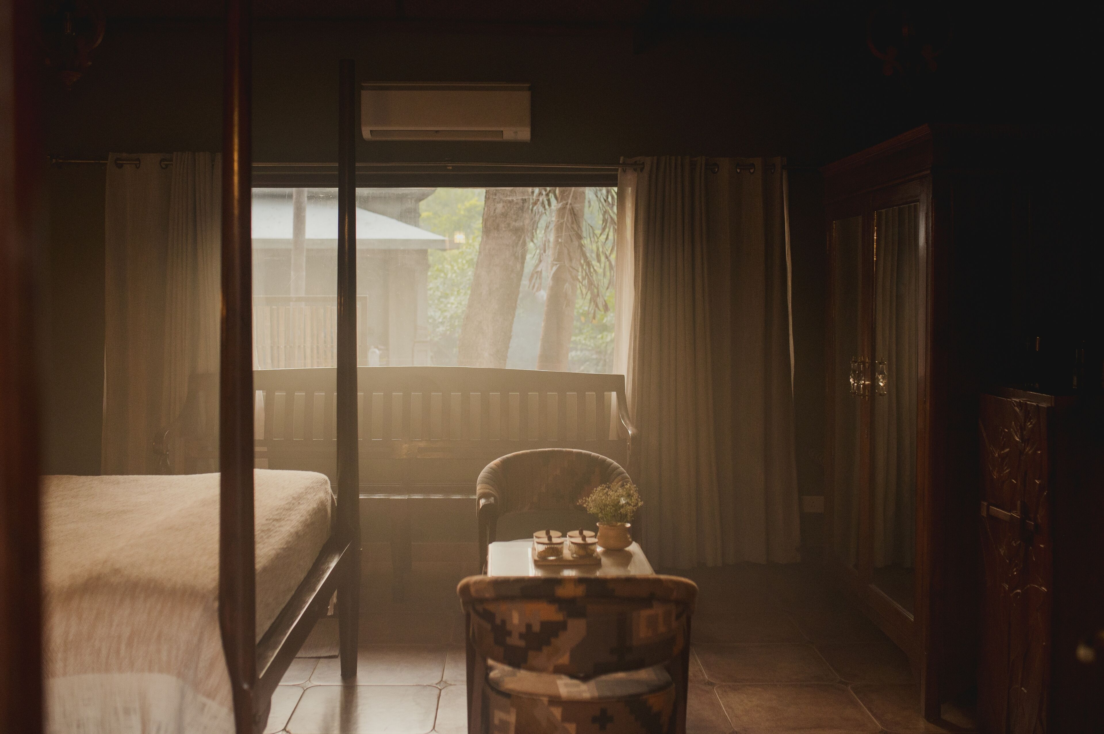 A dimly lit room with a bed, a chair, a table with a plant, and a view of trees through a window.