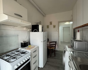Orange room, family double | Cocina compartida | Refrigerador y microondas