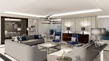 Presidential-sviitti, 1 suuri parisänky, terassi, kaupunkinäköala | Oleskelualue | 132–senttinen taulutelevisio, jossa satelliittikanavat