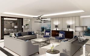 Presidential-sviitti, 1 suuri parisänky, terassi, kaupunkinäköala | Oleskelualue | 132–senttinen taulutelevisio, jossa satelliittikanavat