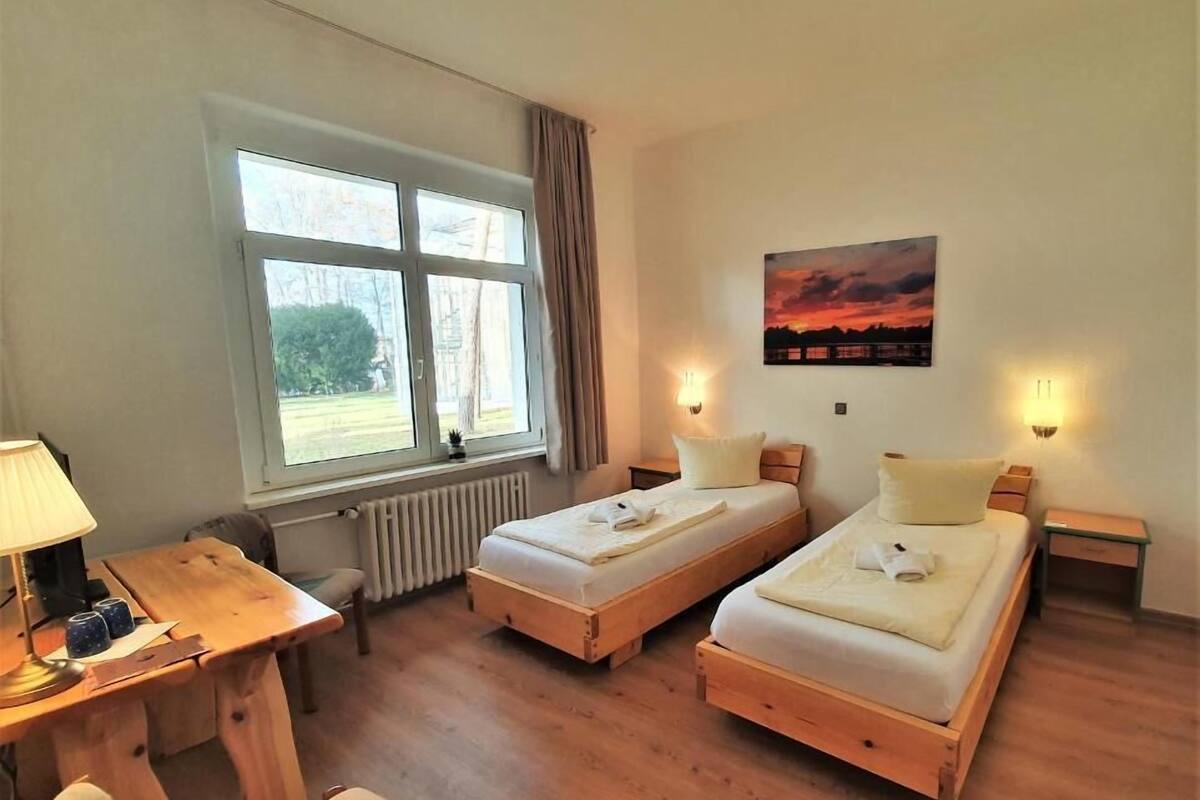 Une chambre avec deux lits en bois, un bureau, une chaise, un radiateur et une fenêtre donnant sur des arbres.
