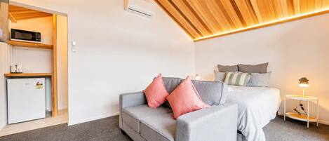 A compact room with a grey sofa, a bed with pillows, a small bedside table with a lamp, and a kitchenette area with a microwave and a mini-fridge.