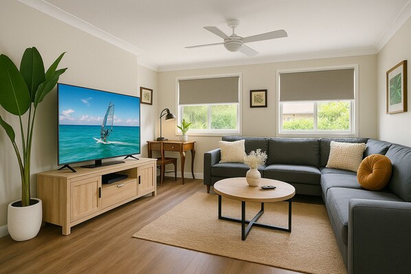 Smart TV, fireplace, video games, foosball