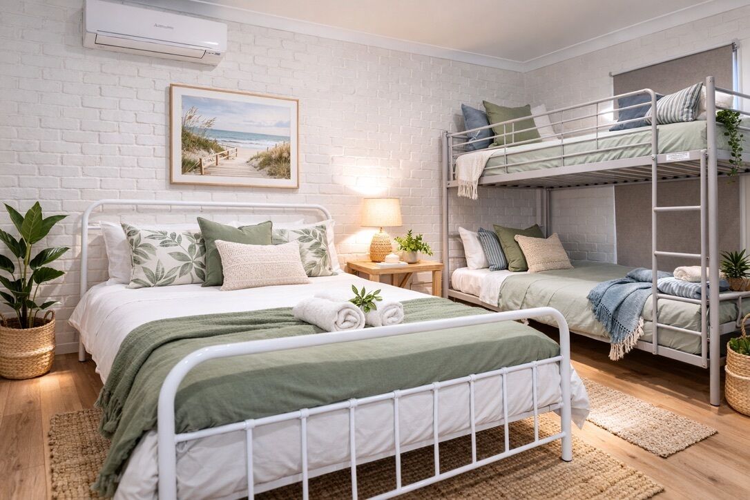 4 bedrooms, desk, iron/ironing board, travel cot