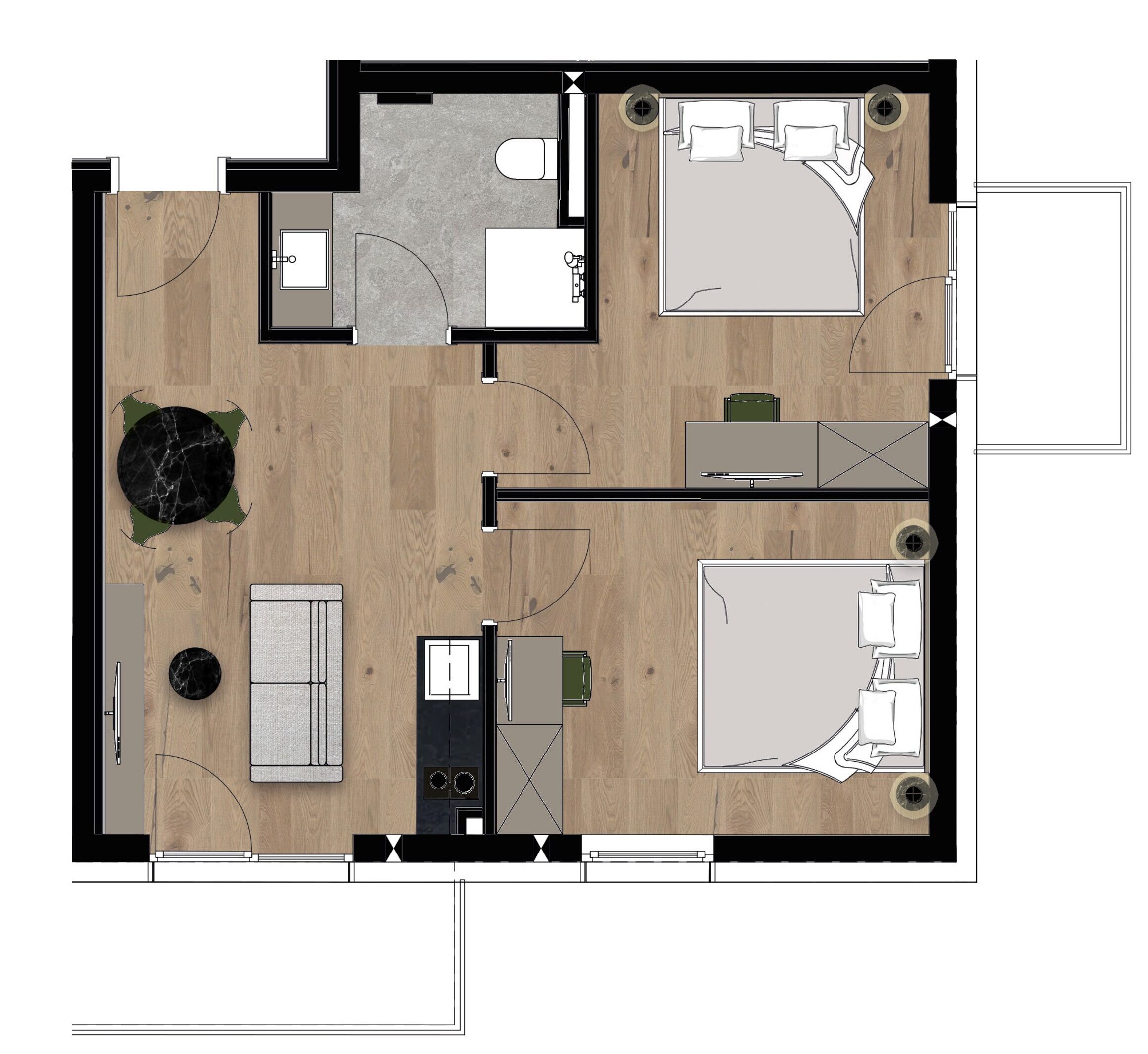 A floor plan of a hotel room with a bathroom, kitchenette, and a seating area.