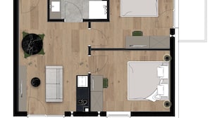 A floor plan of a hotel room with a bathroom, kitchenette, and a seating area. - Apartment in Kirchberg Near Ski Lift (Kirchberg in Tirol)