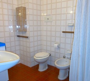 Bathroom features a pedestal sink, toilet, bidet, and mirror.