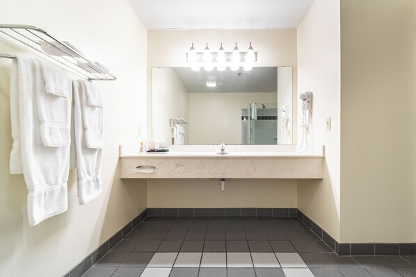 A bathroom with a sink, mirror, towel rack, and a hairdryer.
