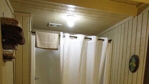 Une petite salle de bain compacte, dotée d’un rideau de douche, de toilettes et d’un plancher en bois.